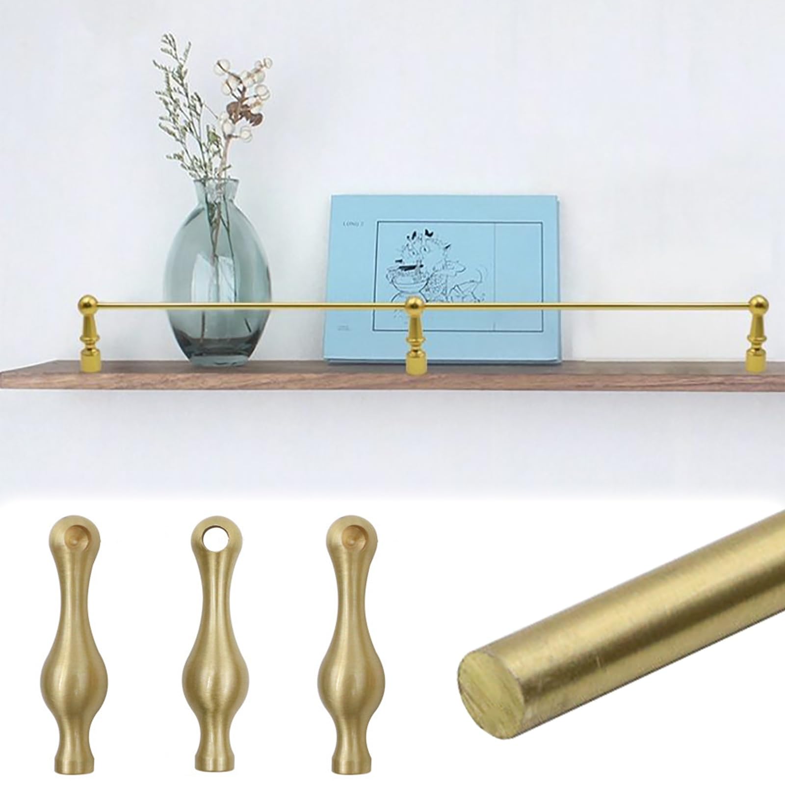 ERRULAN Metal Anti-fall Guardrail for Shelves, Brass Shelf Railing Kit with Rods, Kitchen/Entryways/Bookcase/Decorative Tipping Barrier Rod(Style C,35in/88.9cm)