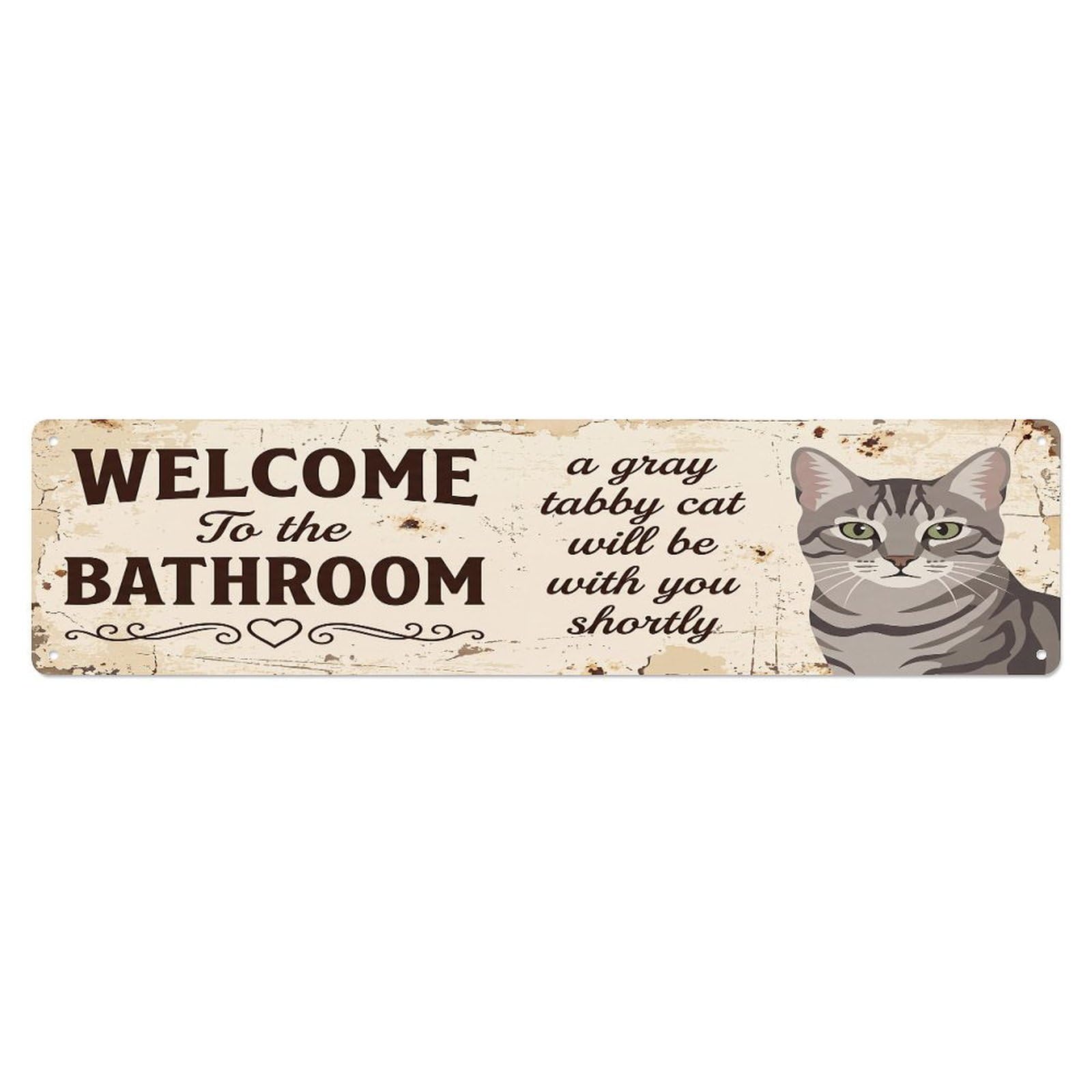 Vintage WELCOME To The BATHROOM Gray Tabby Cat Metal Tin Sign