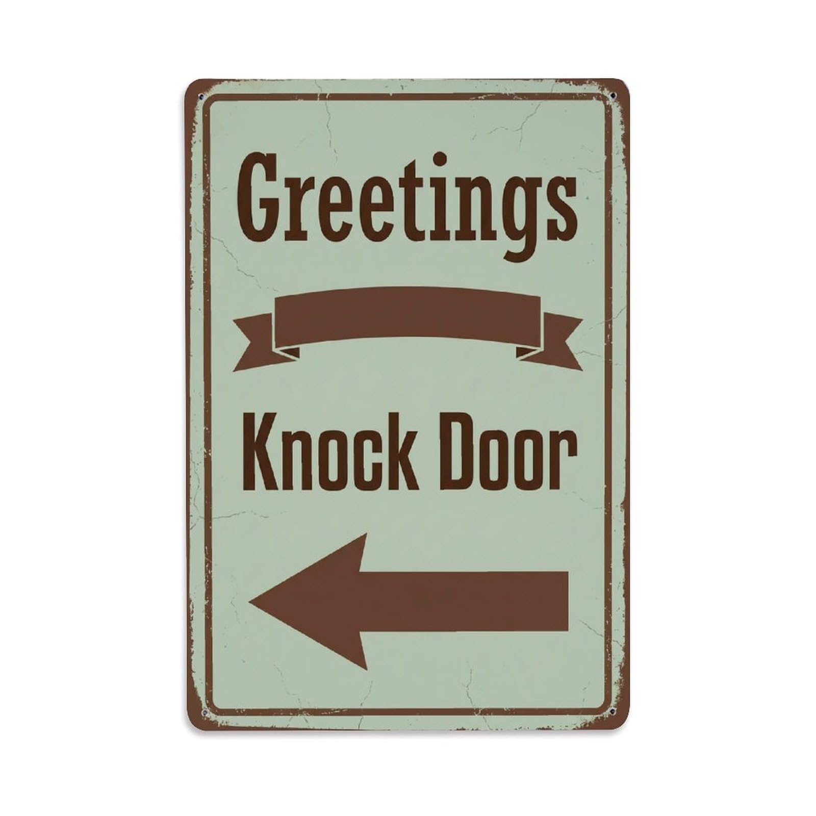 Metal Tin Sign Vintage Greetings Knock Door Arrow Ribbon