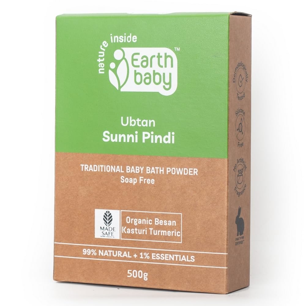 Earthbaby Ubtan Sunni Pindi, Soap-free, 99% Natural Baby Bath Powder for Soft, Glowing Skin | Skin Brightening & Tan Removal with Green gram, Rose petals and Kasturi Turmeric, 500g
