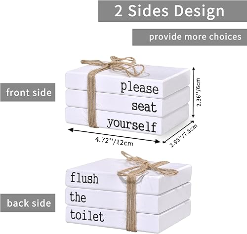 Vista 2 de Restroom Bathroom Decor for Shelves, Funny Wooden Farmhouse Mini Book Stack for Bathroom Toilet Shelf Sign Decor Two-Sided Tabletop Decorative Set