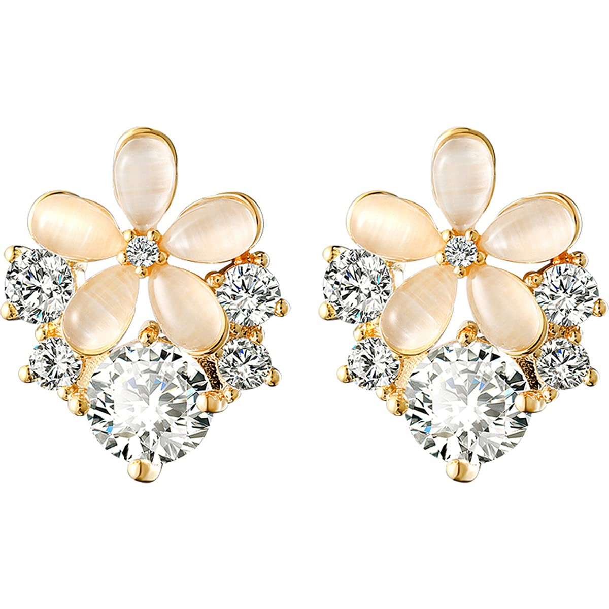 CICINIO Cubic Zirconia Flower Shaped Stud Earrings,14K Gold Plated Earrings with Colorful and White CZ for Girls Women