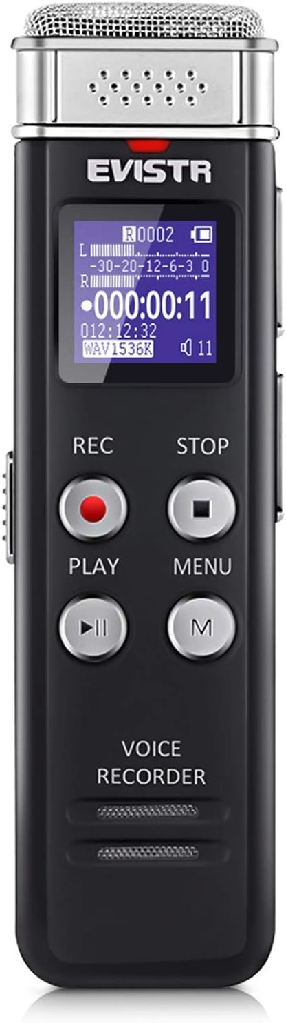 Přední view of the EVISTR Digital Voice Recorder showing buttons and screen