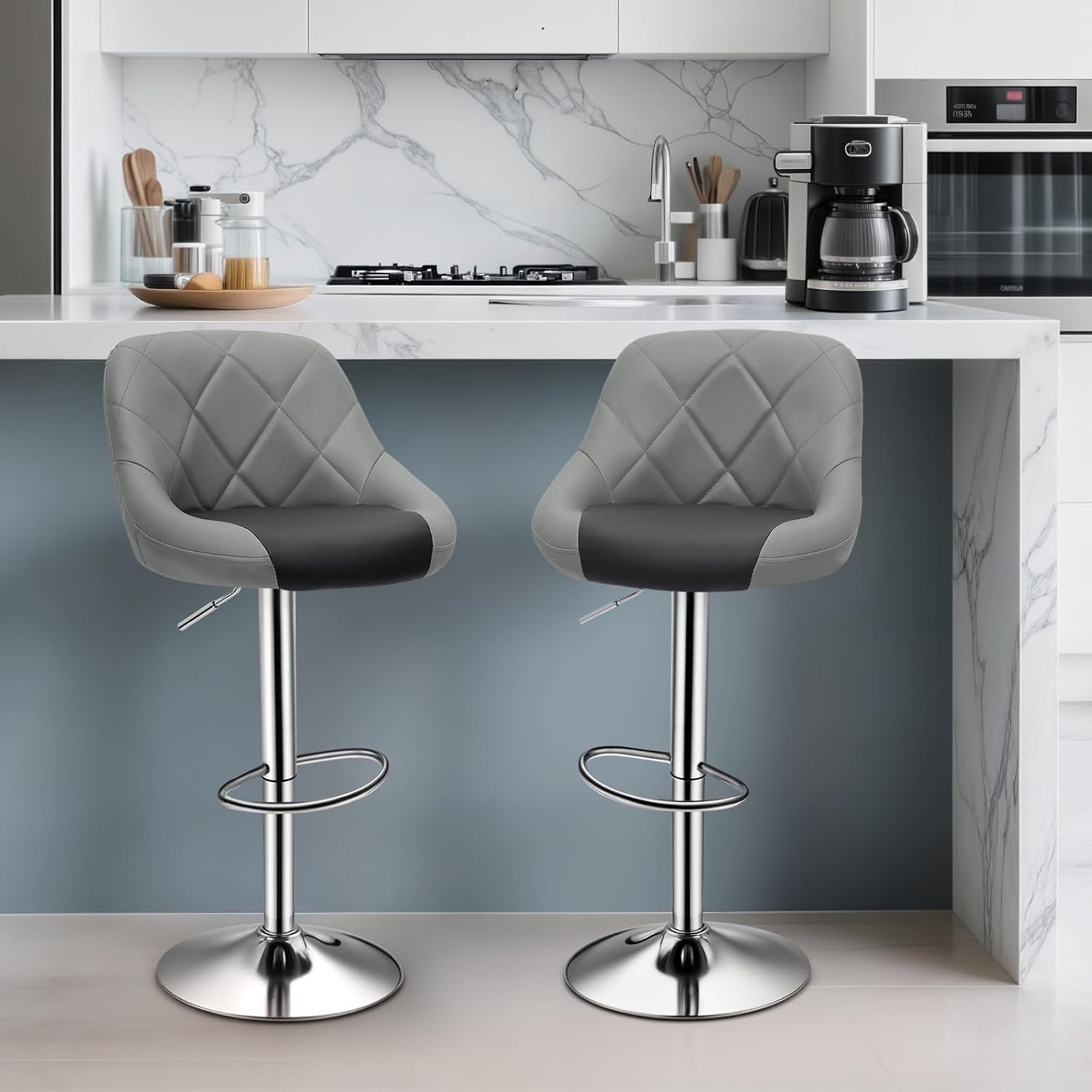 MoNiBloom Barstools Set of 2 Adjustable Swivel, Modern PU Leather Kitchen Counter Bar Stools, 360° Swivel Armless Hydraulic Counter Stool, Metal Base Island Stool, Grey and Black