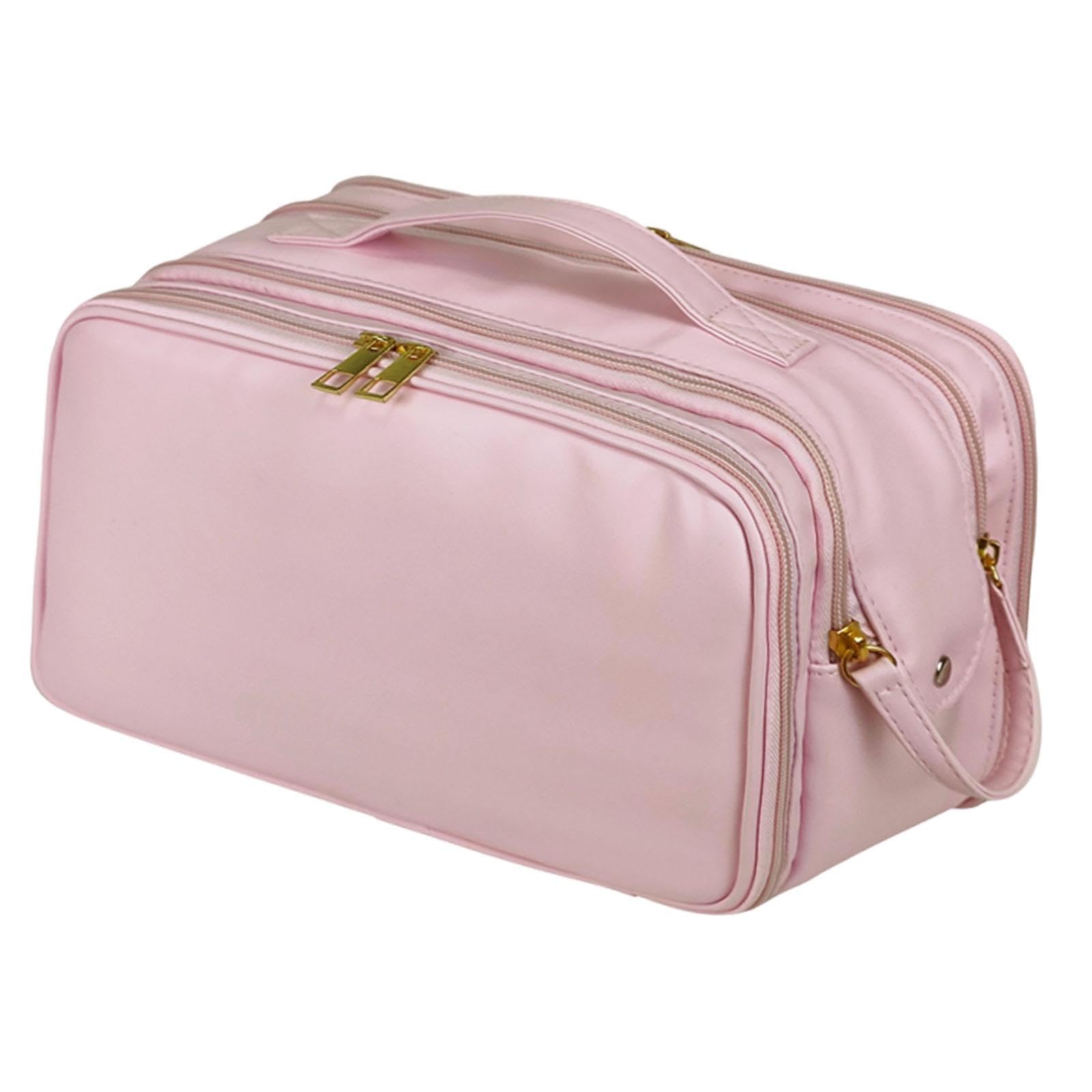perfk Borsa da viaggio per cosmetici, per trucco, portatile, spaziosa, con portapennelli, robusta custodia per il trasporto, Rosa