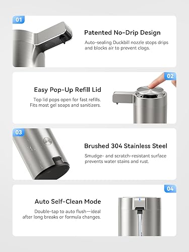 Miniatura 6 de SUNLY Dispensador de jabón automático sin contacto - Bomba sin obstrucciones, sensor rápido de 0.2 s, recargable USB-C, acero inoxidable resistente