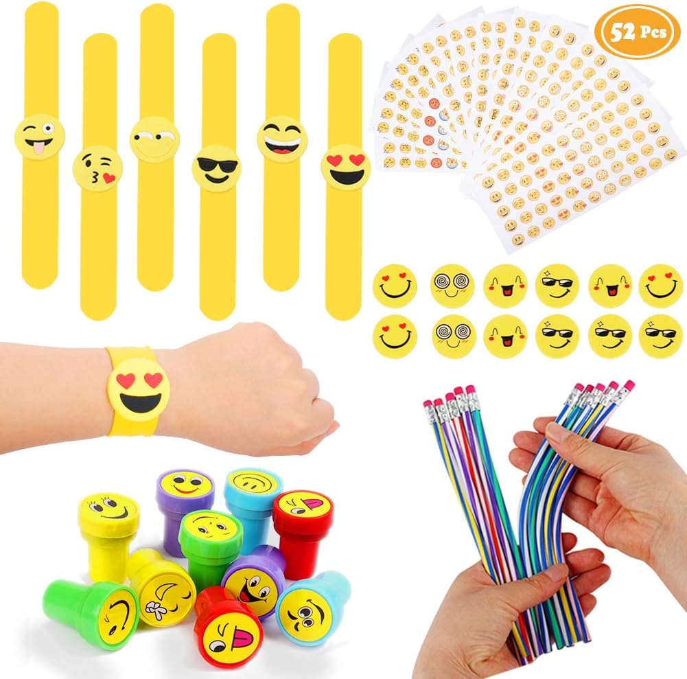 52 PCs Emoji Party Bag Fillers for Kids, Emoji Stickers Bendy Pencils Erasers Stamps Slap Bracelets, Emoji Party Favours Students Birthday Gifts School Stationary Prizes for Kids Classroom