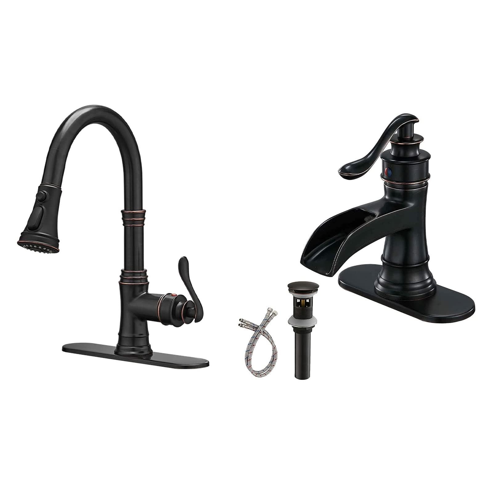Jnfidosr Bronze Bathroom Sink Faucet Oil Rubbed Waterfall With Pop Up Drain Bundle With Kitchen Faucet With Pull Out Sprayer 3 Spray Modes Oil Rubbed