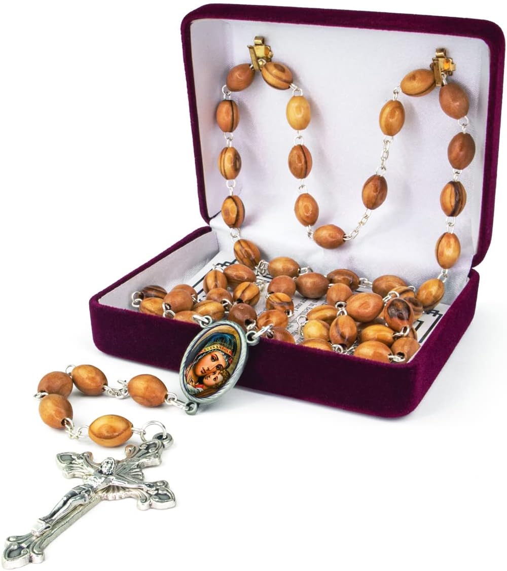 TREE OF LIFE REV. 22:14 Wooden Catholic Rosary Necklace from Israel, Olive Wood Rosary Beads with Icon Portrait & Crucifix Cross Pendant, Confirmation & Communion Rosaries for Men & Women