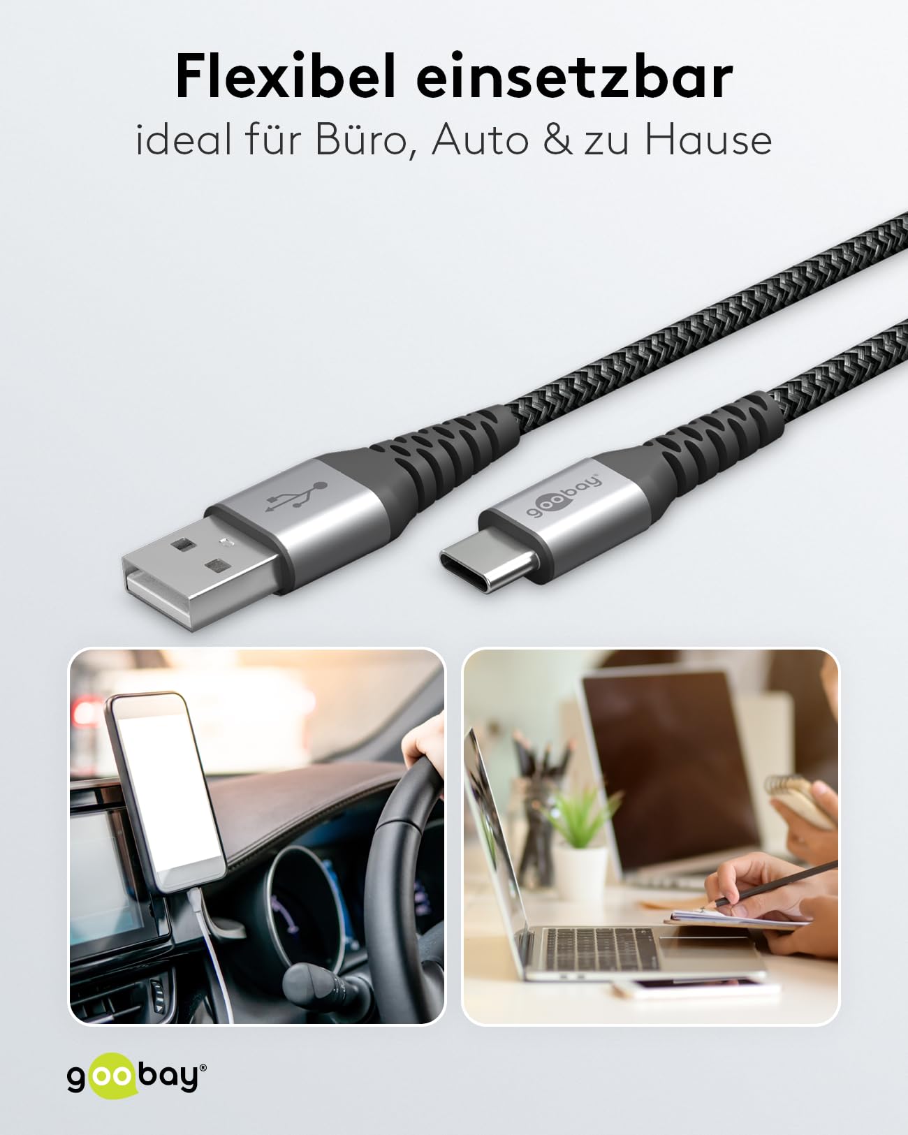 Goobay 49296 kabel do szybkiego ładowania USB C na USB A 15 W 3A / bardzo wytrzymały kabel tekstylny / 480 Mbits kabel do ładowania USB C/kabel do szybkiego ładowania Samsung USB C 1 m/kabel
