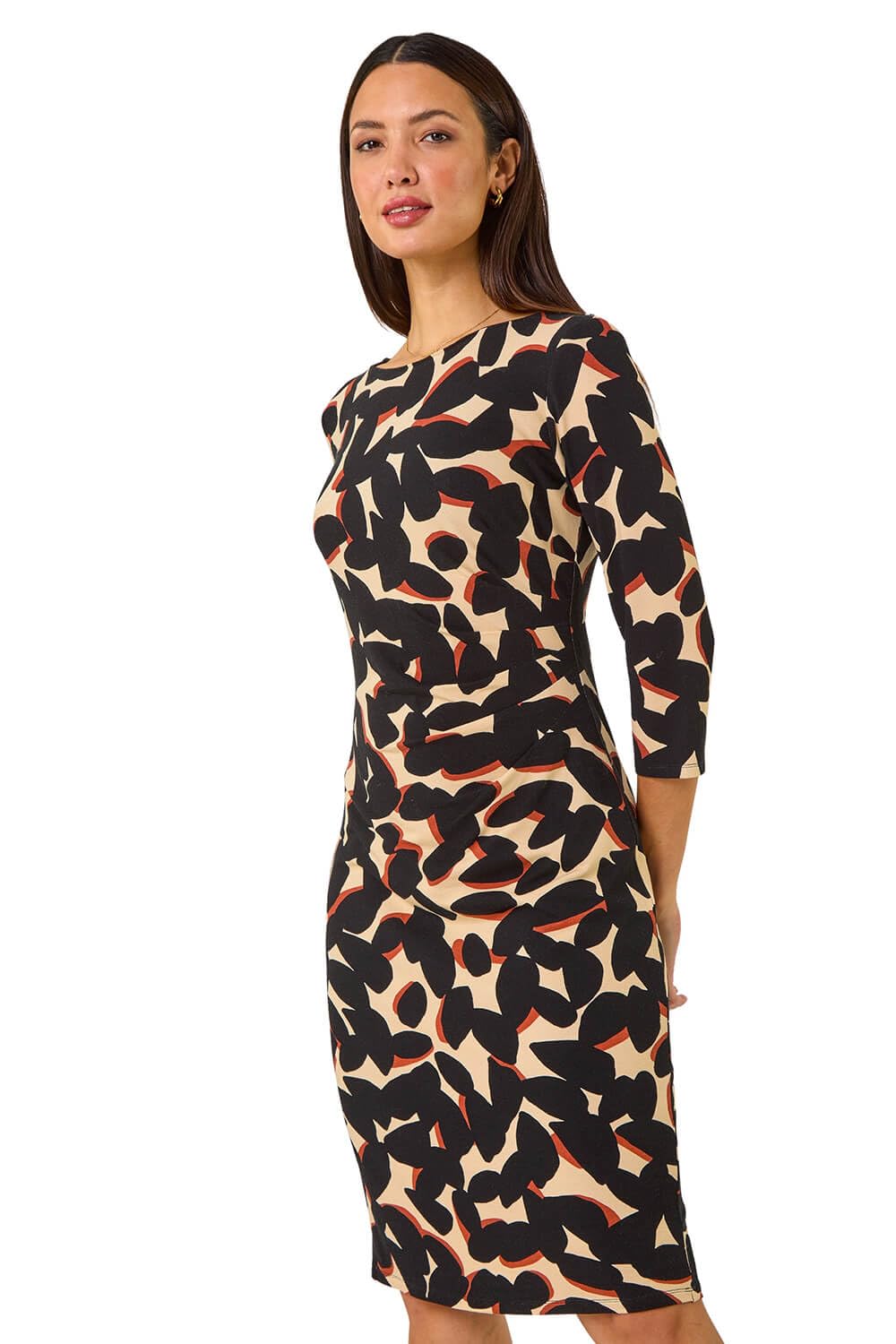 Roman Women's Black Abstract Side Ruched Dress In | : Size 18