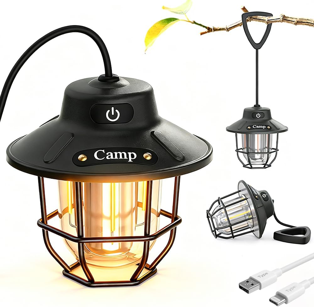 1200 Lumens Camping Lantern, Rechargeable LED Tent Light with 4 Light Modes, USB Portable Outdoor Flashlight for Camping, Hiking, Emergencies, Power Outages, SOS（Black）