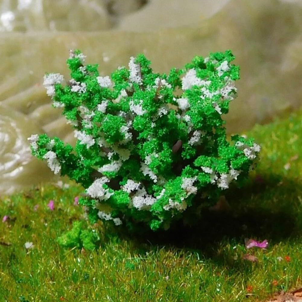 100 árboles de modelo, arbustos verdes en miniatura, flores blancas, 3 cm de alto, paisajismo al aire libre, decoración de paisajismo