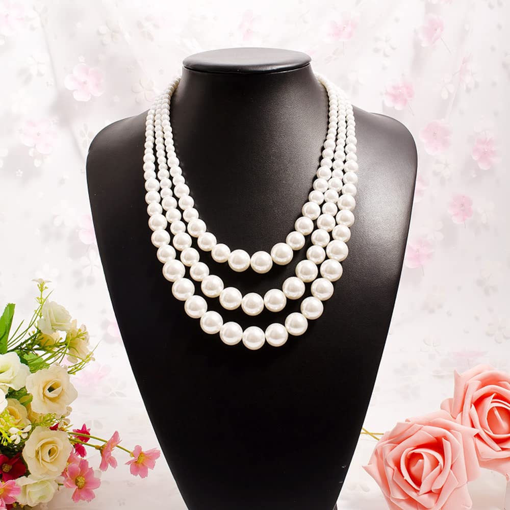 JKJF Multi Strand Pearl Necklace 1920s Flapper Pearls Necklace 3 Layered Pearl Necklace Faux Pearls Necklace for Wedding Prom Halloween Cosplay Tea Party Banquet