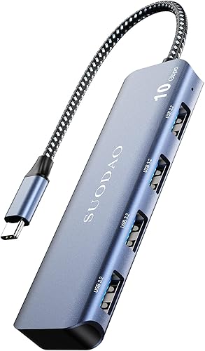 Hub USB 3.1, SUODAO 10Gbps USB C a USB Hub, 4 puertos USB 3.13.2 Gen 2 Hub, aluminio SuperSpeed Tipo C a 4 puertos USB 3.2 de 10 Gbps para laptop,