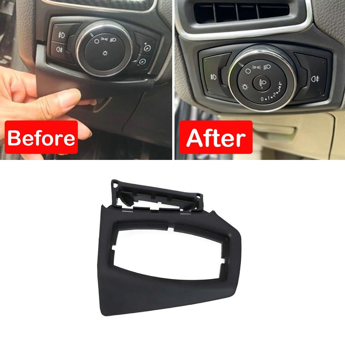 Headlight Switch Trim, Headlight Control Switch Frame Trim Decoration Cover ABS Protector Replacement for Ford Focus 2012 2013 2014 (Black)