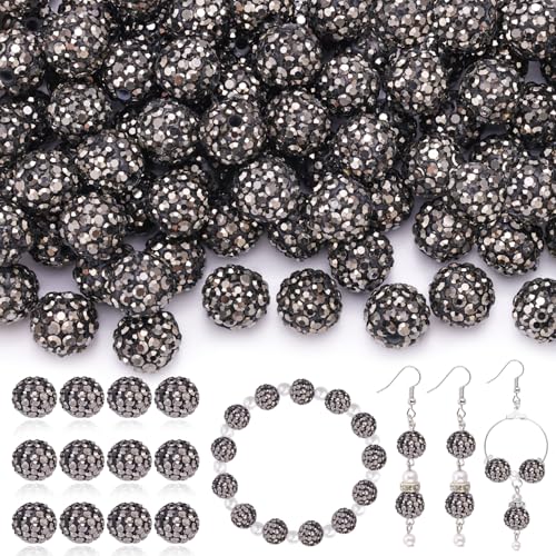 120pcs 10mm Rhinestone Beads for Jewelry Making, Hematite Shiny Round Shamballa Disco Ball Beads Bulk, Sparkle Crystal Clay Christmas for Bracelet Baseball Necklace Earring Crafting and DIY