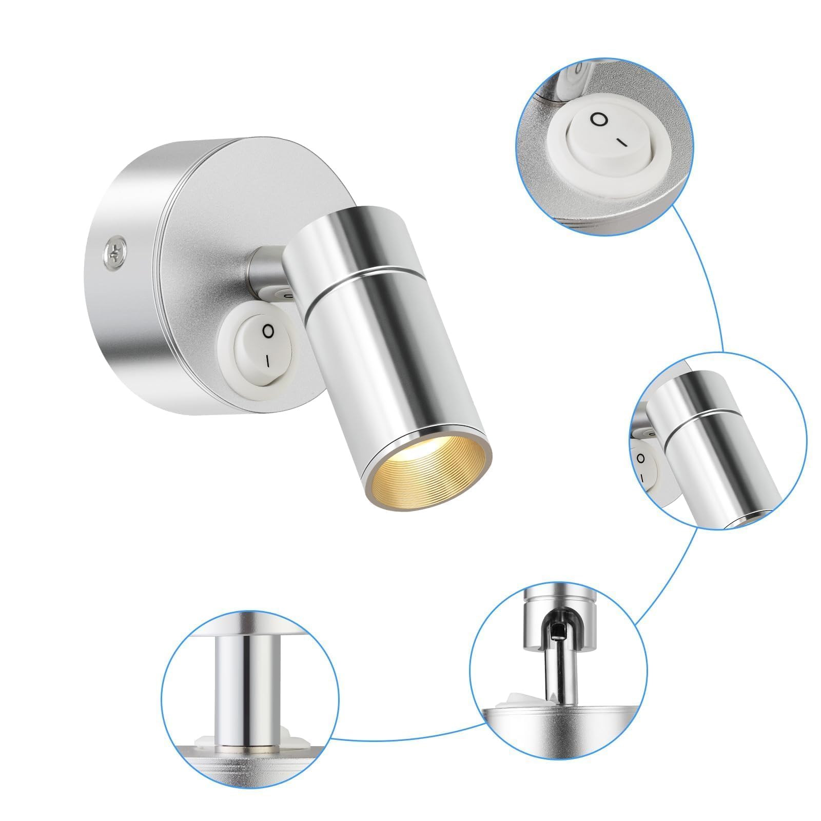 ERWEY 2 pezzi LED lampada da parete per interni, leggere lampada da parete 3W bianco 3000K luce da letto rotante con interruttore per camera da letto bagno corridoio, argento