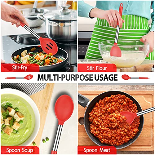 Pack Of 4 Large Silicone Cooking Spatulas And Spoons, Slotted And Solid Stainless Steel Cooking Utensils Set, Non-Stick Heat Resistant Kitchen For Baking, Fried, Stir-Fry, Mixing, Serving (Red) #TOP4
