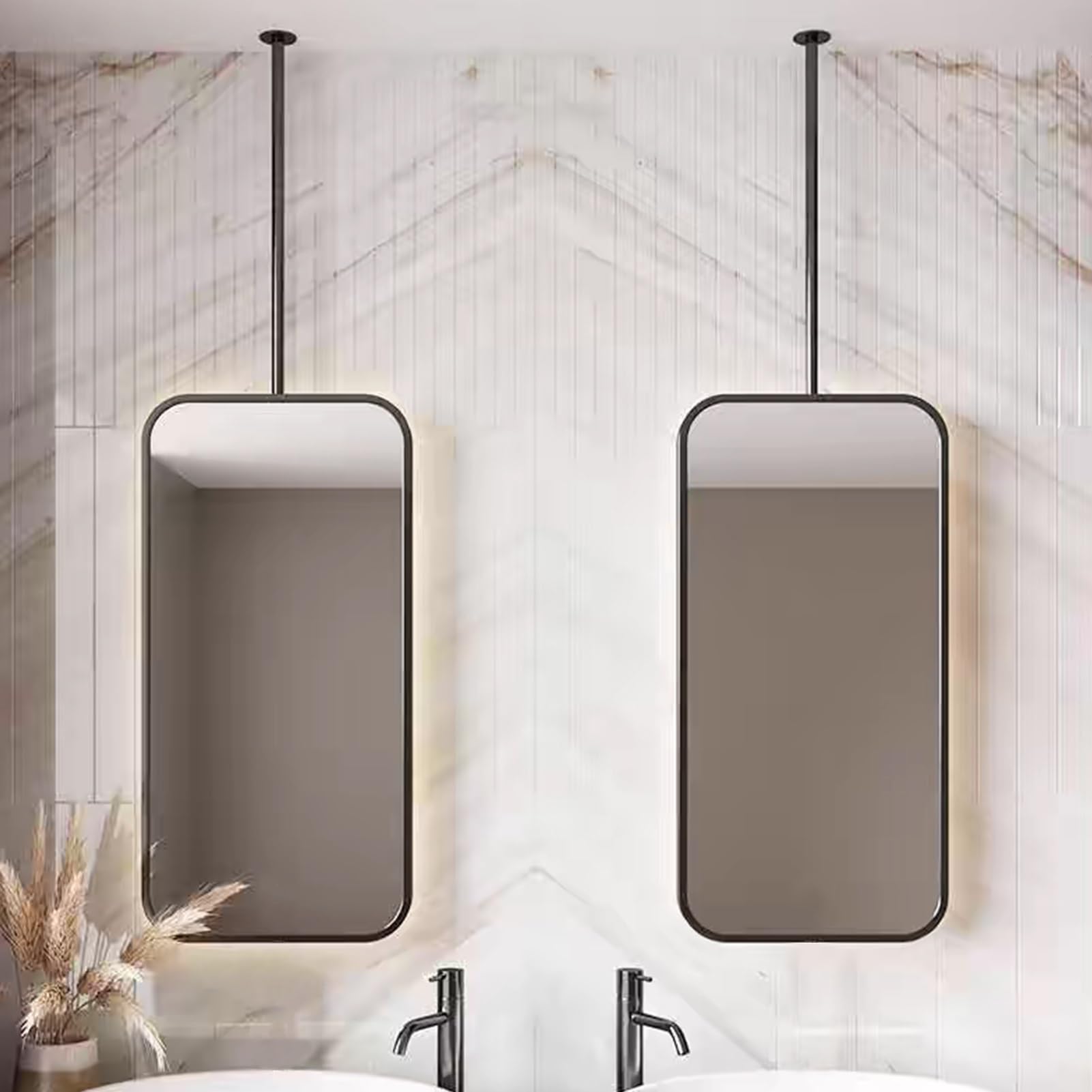 FGXHHS Nordic Hanging Mirror Wall Mounted Rectangle with Black Metal Frame and Ceiling Rods, Bathroom Vanity Makeup Modern Floating Shaving - Boom can be Customizable(50cmx70cm)
