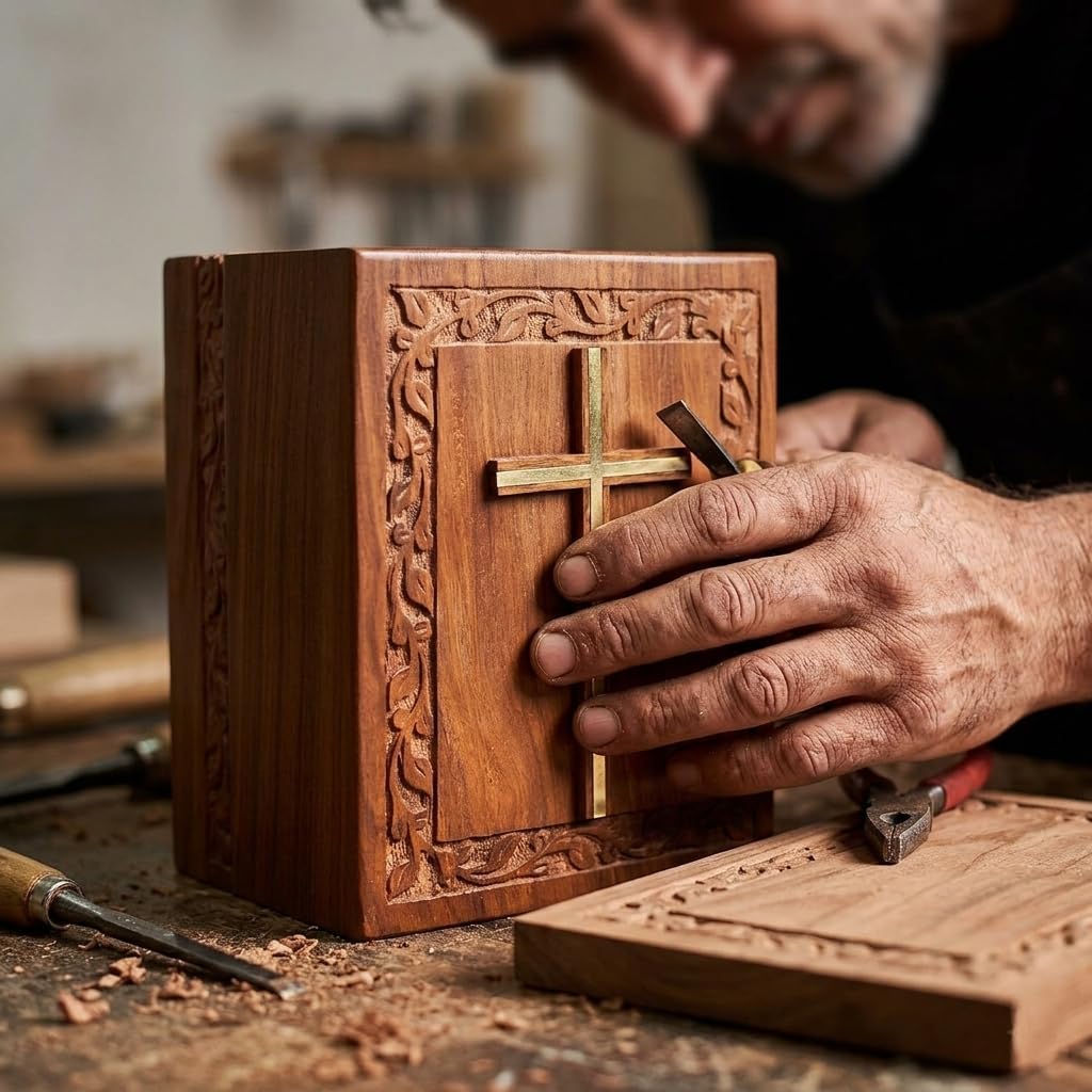 Wooden Cross Urn Box for Adult Ashes Rosewood Border Carving Handmade Urns for Large Ashes 280 Cubic Inches with Bottom Opening System