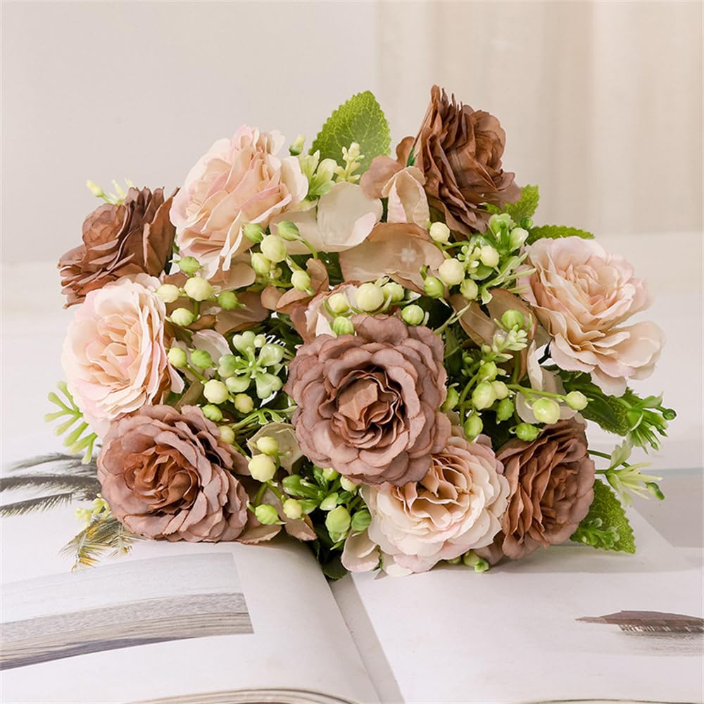 ABCWARRT 3pcs Artificial Flowers Silk Peonies Hydrangea Bouquet Wedding Home Decoration Simulation Flower Lafite Peony (brown)