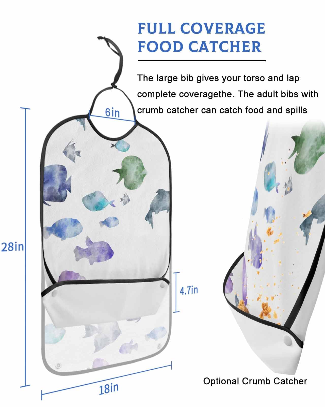 LEOKOTI Coastal Fish Adult Bibs for Eating, Waterproof Bibs with Food Catcher & Adjustable Snap Closure, Watercolor Summer Beach Nautical Sea Washable Clothing Protectors Adult Bibs for Elderly