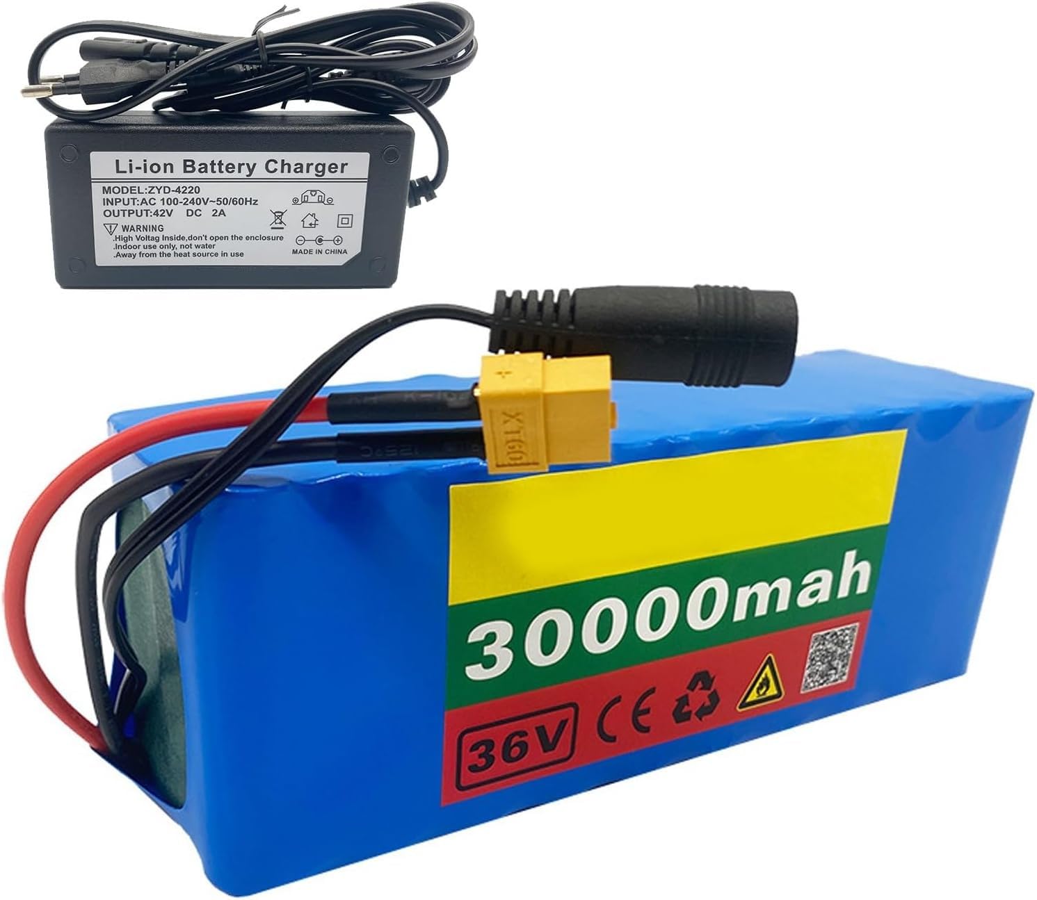 Batería de Litio para Bicicleta eléctrica de 36 V y 30 Ah (10S3P) con Cargador. Paquete de baterías de Litio de 36 V para patinetes con Motores de 250 W a 1000 W. T+DC