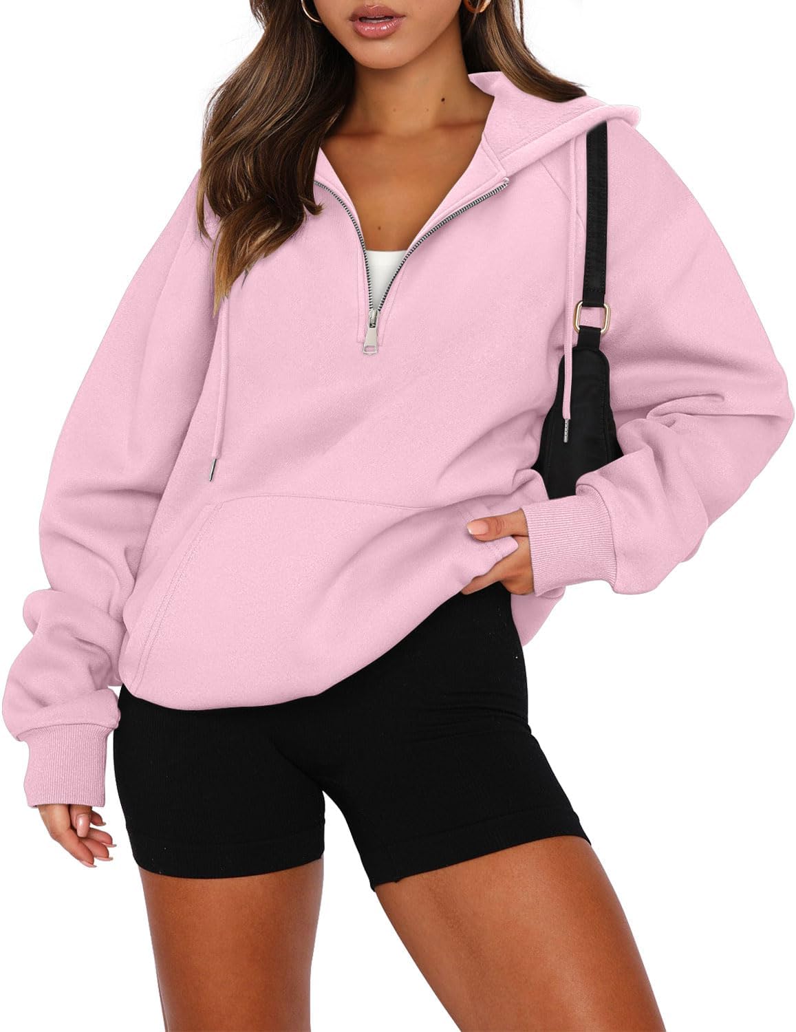 onlypuff Women Half Zipper Pullover Sweatshirt Long Sleeve Hoodies Kangaroo Pocket Fleece Basic Sweater