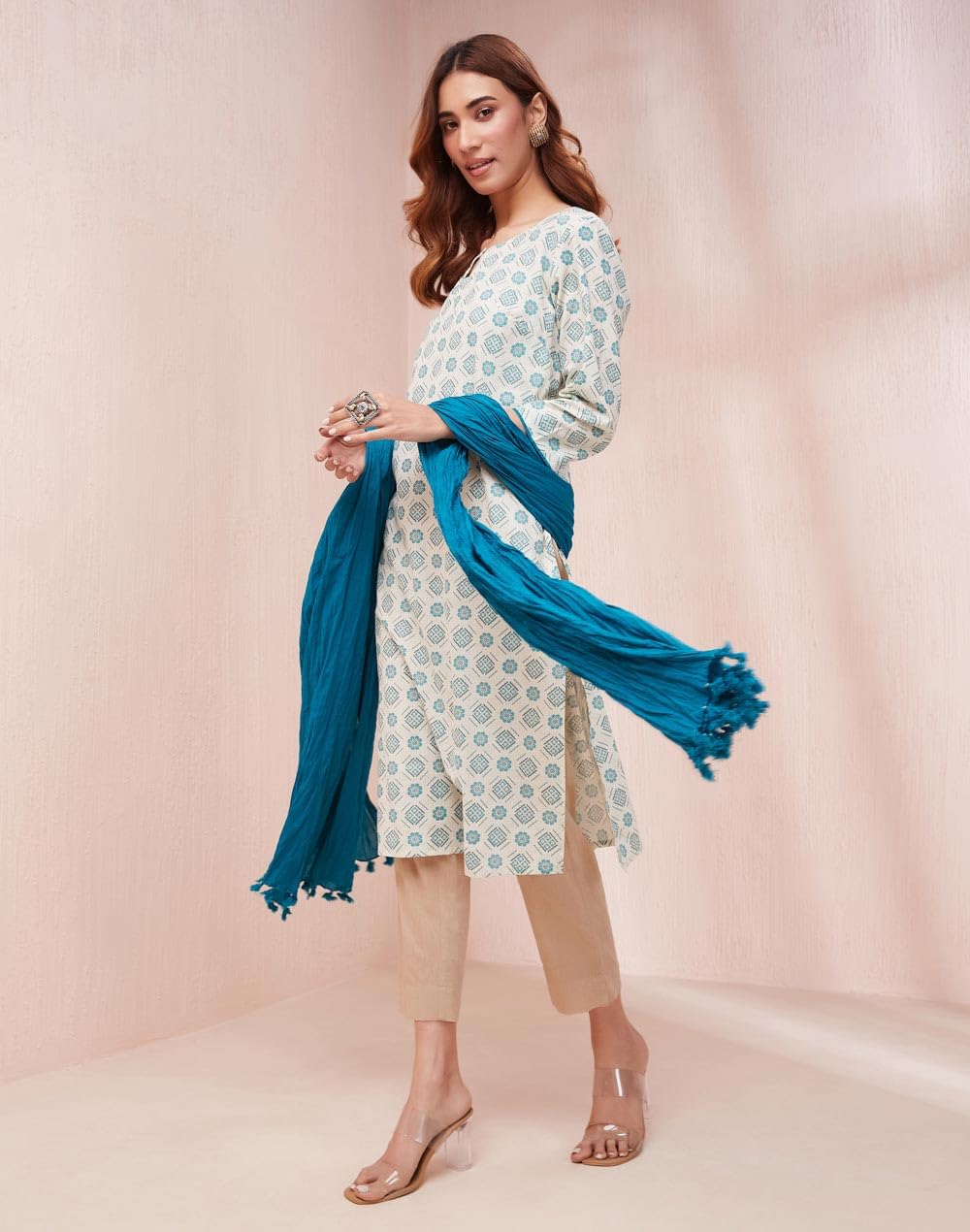 Fabindia Women's Cotton Printed Regular Kurta (1037543White- White-Teal