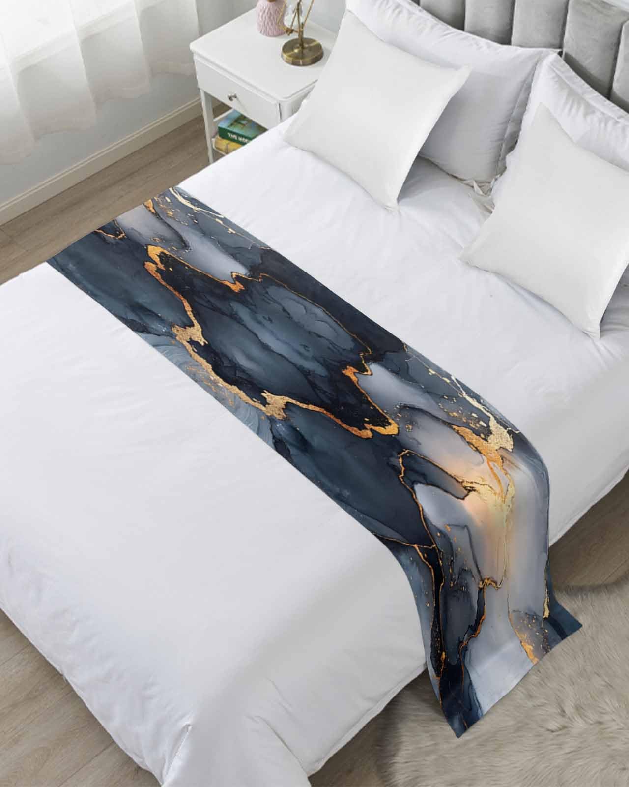 Marble Navy Blue Bed Runner Scarf Cal King Size,Grey Gold Cracked Crystal Texture Luxury Bed Throw Runners & Scarves for Twin Full Queen King Foot of
