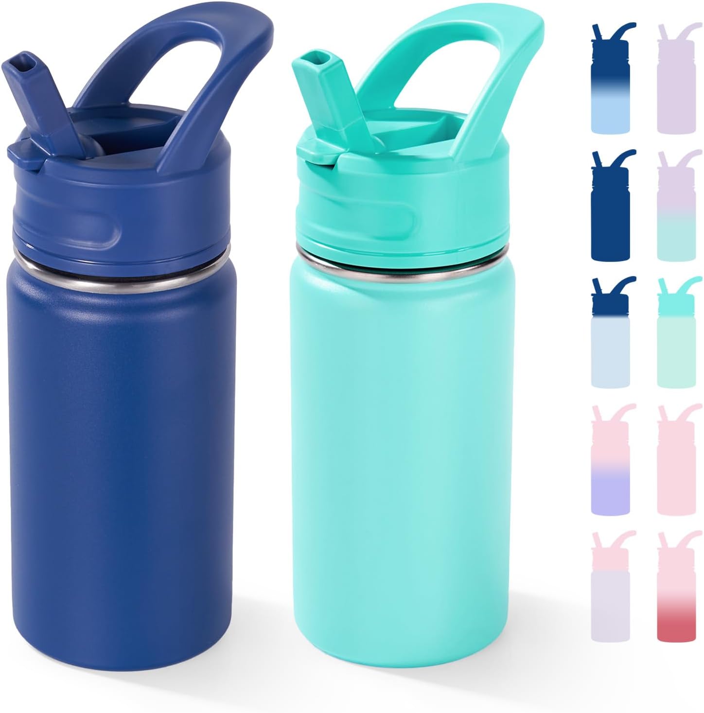 12oz Kids Water Bottle for School, Toddler Bottles with Straws, Stainless Steel Vacuum Insulated Water Bottle for Boys&Girls, Leak-Proof, BPA-Free, Blue + Green
