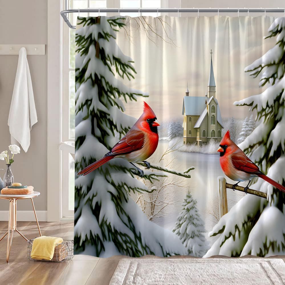 Christmas Red Bird Shower Curtain Merry Christmas Green Pine Tree Red Birds Snowflake Vintage Nature Winter Holiday Fabric Bathroom Curtain Sets with Hooks
