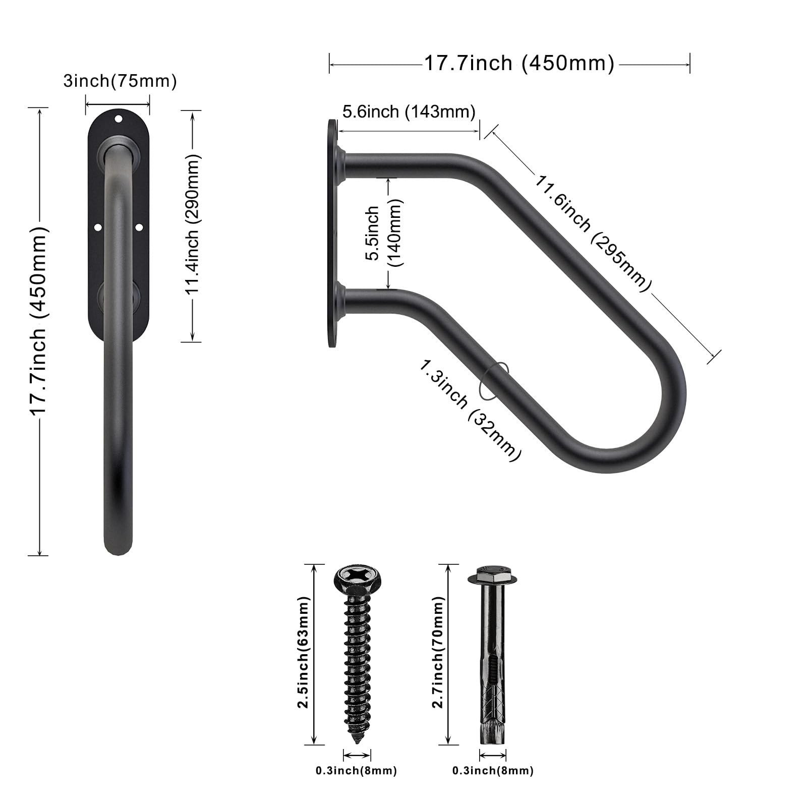 Insaga Main courante pour marches extérieures, mains courantes murales de 43 cm pour escaliers intérieurs, garde-corps de sécurité en forme de U pour l'extérieur 1 à 2 marches, main courante renforcée