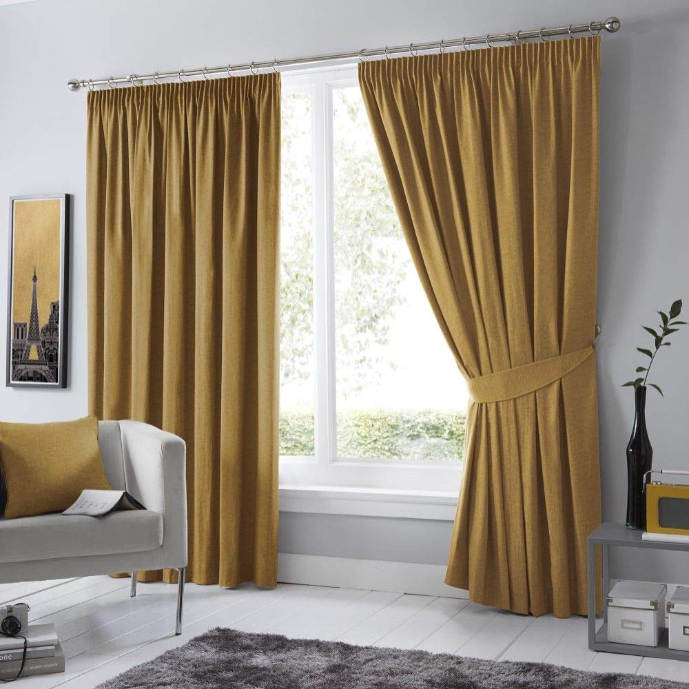 Fusion Ochre Yellow W66 x L72x Pencil Yellow-2x Panels Bedroom & Living Room-Pleated Curtains and Drapes in Mustard, Blackout/Thermal Insulated, 66" Width x 72" Drop (168 x 183cm)