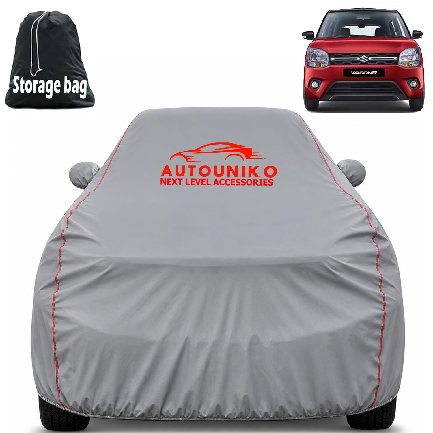 Waterproof Car Body Cover for Maruti Suzuki Wagon R with Mirror and Antenna Pocket and Soft Cotton Lining (Full Bottom Elastic Triple Stitched) (Grey with Red Piping) discount deal