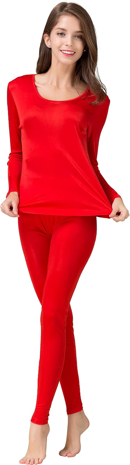 CLC Women's Pure Mulberry Silk Knitted Thermal Underwear Pajama Set