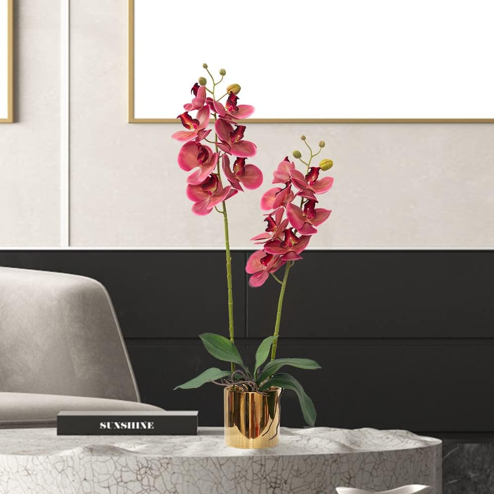 Artificial Orchid Flowers Fuchsia Faux Orchids with Ceramic Vase Vivid Fake Phalaenopsis Flower Arrangement Gorgeous Artificial Plants for Office Desk Wedding Party Exhibition Center&Home Table Decor