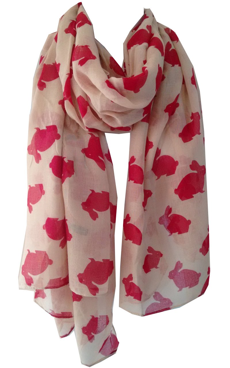 Glamlondon Women's Beige-Red Rabbit Print Scarf, Hare Bunny Animal, Fashion Soft Big Shawl Sarong Wrap (Beige-Red)