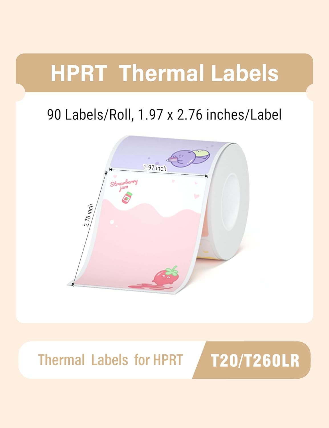 HPRT Thermal Labels for T20/T260LR Label Printer, 1.97" x 2.76"(50x70 mm) Waterproof Sticker Paper, Thermal Tape for HPRT T260LR Label Maker, 90 Labels/Roll, Fruit Desserts - Image 2