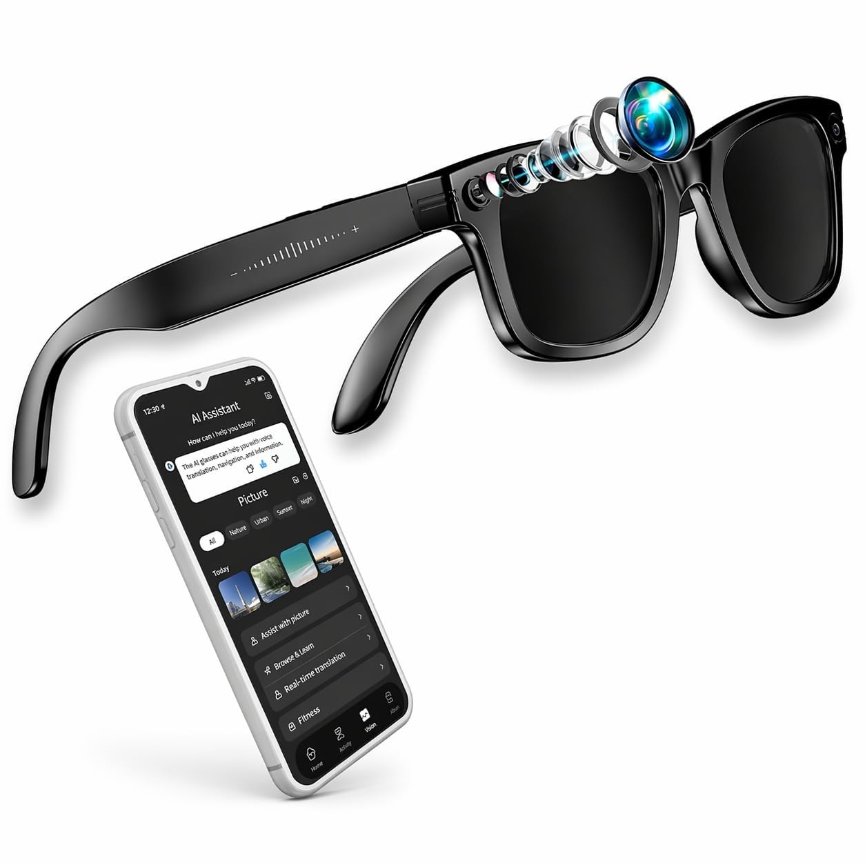 Lens AI Lunettes intelligentes avec appareil photo 32 Mpx, 32 Go, WiFi et Bluetooth, traduction en temps réel, contrôle vocal et tactile, IP65 (verre teint)