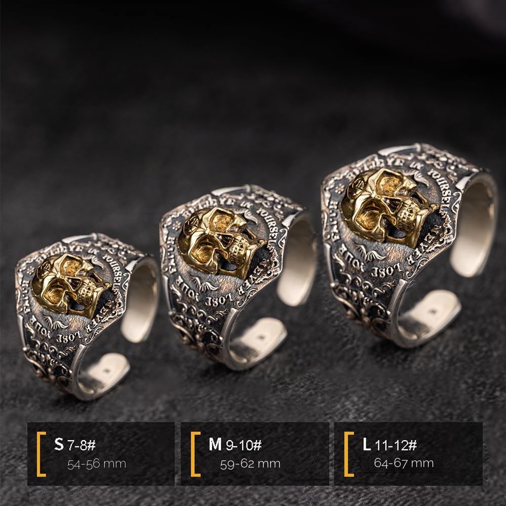 Anillo de calavera dorada de plata de ley 925 anillo meñique con flor de lis para hombre talla S/M/L ajustable