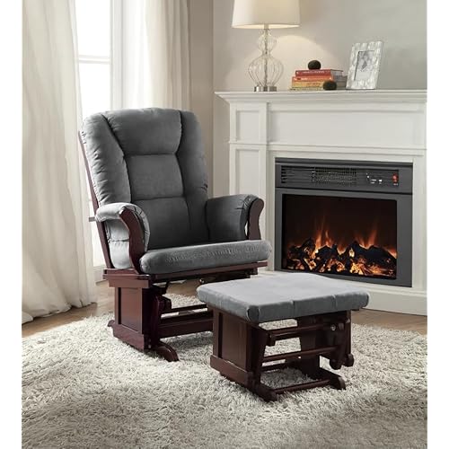 Millies Adeliza Glider Chair and Ottoman Set, Gray Microfiber Upholstery with Cherry Wood Finish, Smooth Gliding Motion for Living Room or Nursery