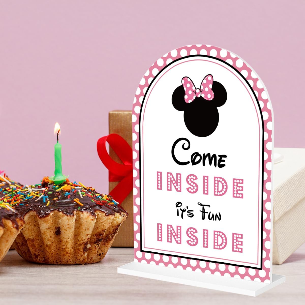 Pink Cute Cartoon Mouse Disneyland Birthday Party Decor Come Inside It's Fun Inside Bar Sign for Birthday Party Baby Shower Event Drink Stations Table Acrylic Decorations 5x7 Inch image 3