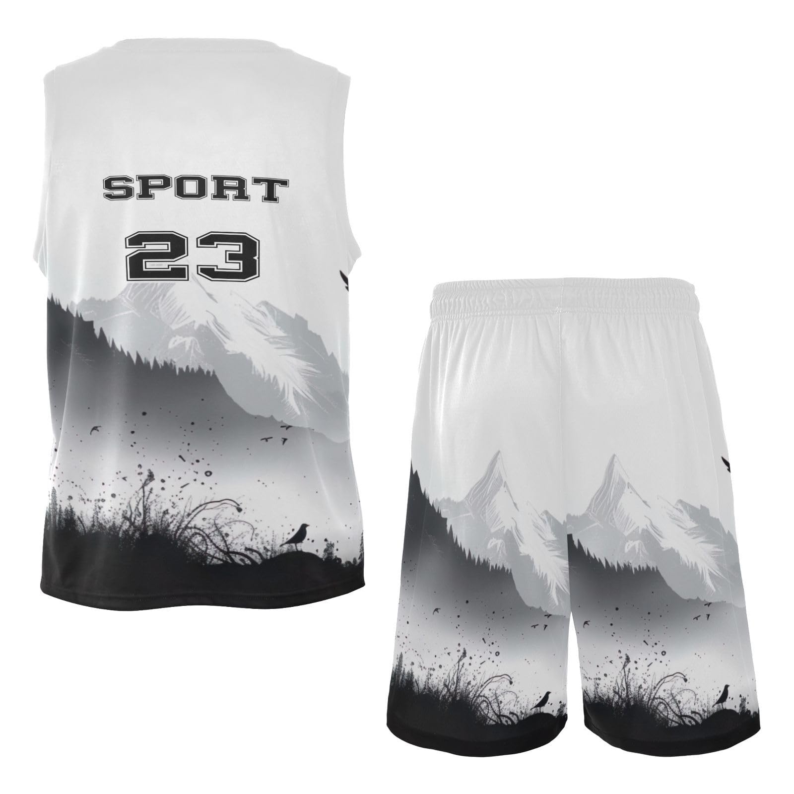 FLildon Mountain Ink Painting Boys Basketball Jersey Set Tank Top Shorts Tracksuit Sport Training Suit for Kids, XL