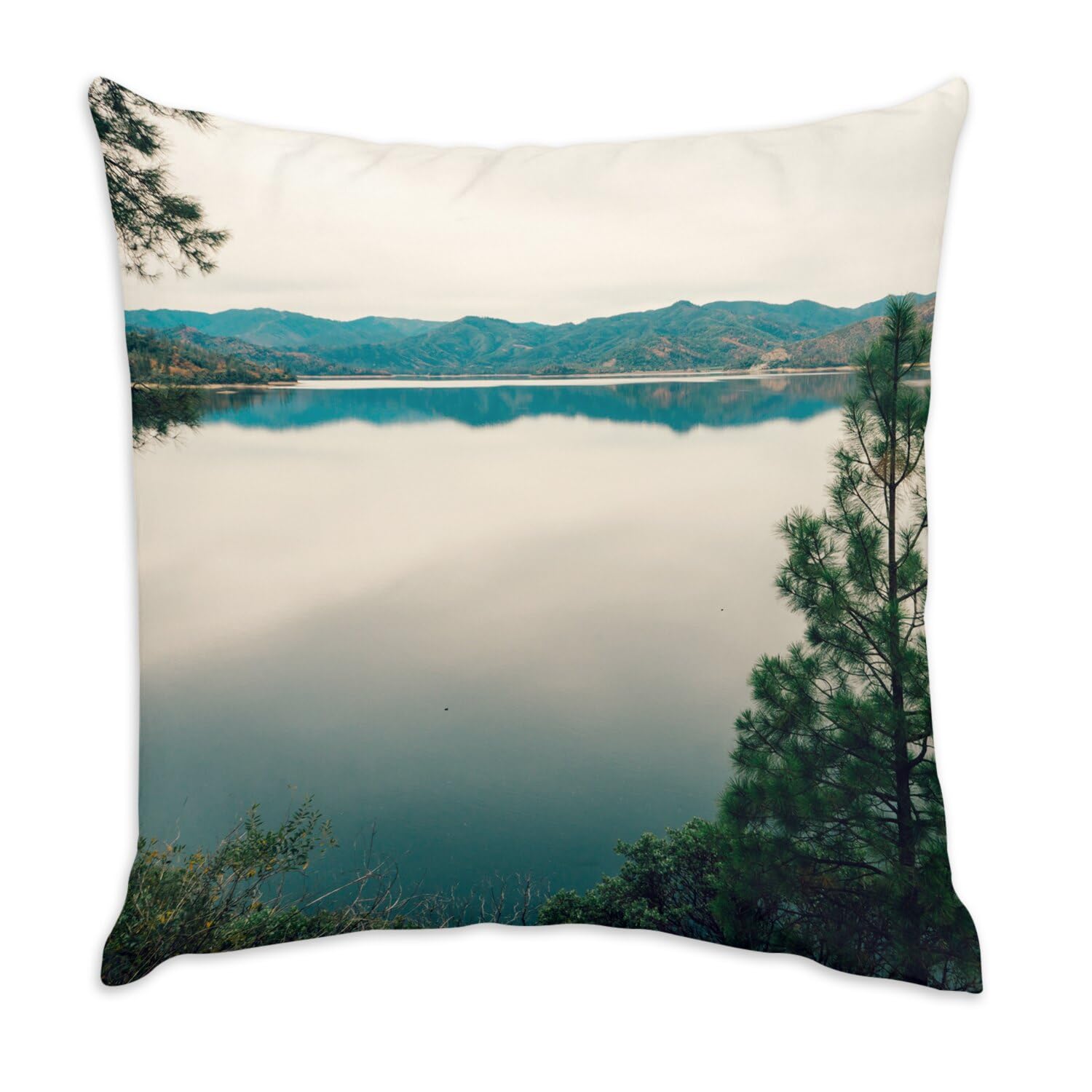 Coussin en velours blanc lac et montagne 40x40 cm avec housse et garnissage inclus