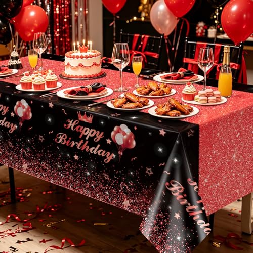 Image of 4 Pcs Happy Birthday Black and Red Party Tablecloths - Red Black Party Decorations Plastic Tablecloth Rectangular Table Covers for Boy Girl Baby Shower Birthday Table Supplies, 51 x 86.6 Inch