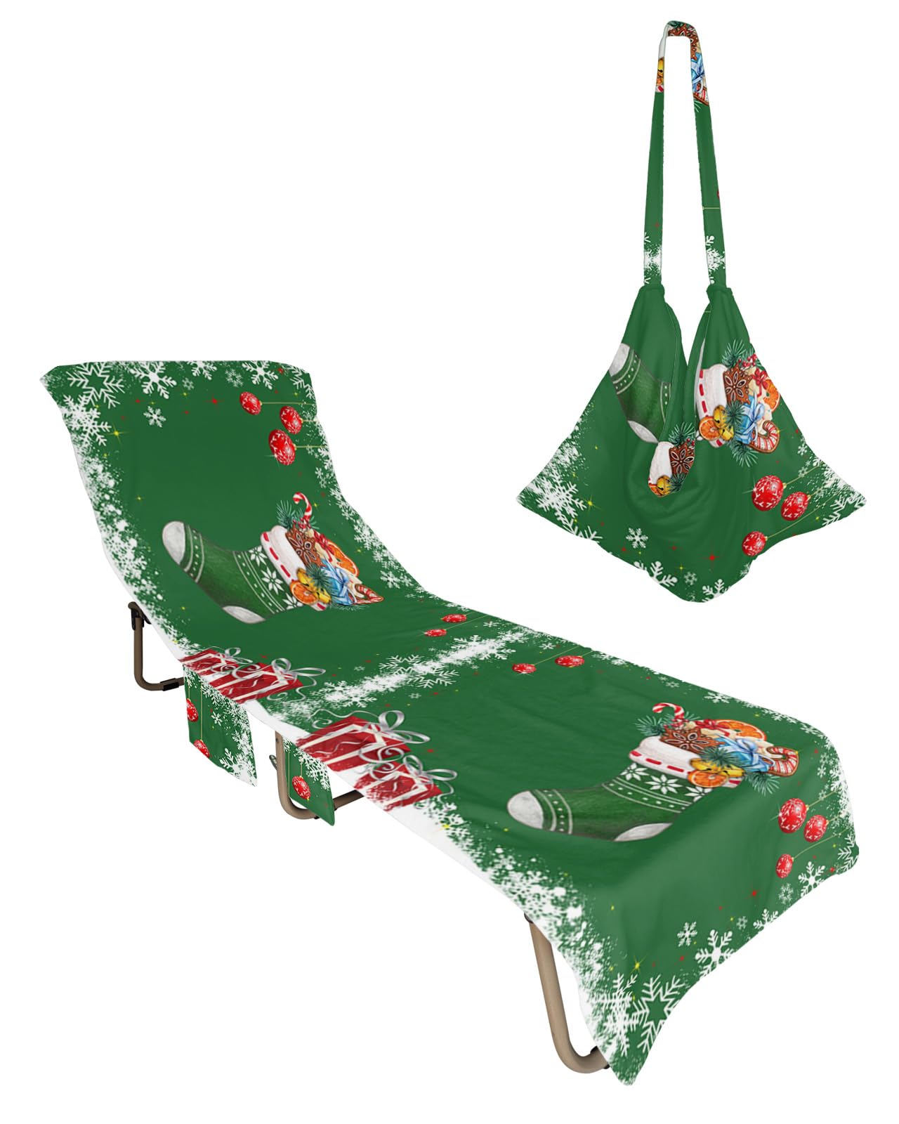 Green Christmas Stocking Beach Lounge Chair Towel Cover, Soft Chaise Lounge Towel with Side Pockets Patio Pool Chairs Cover for Beach/Pool Sunbathing 29x85 Xmas Balls Winter Snowflake
