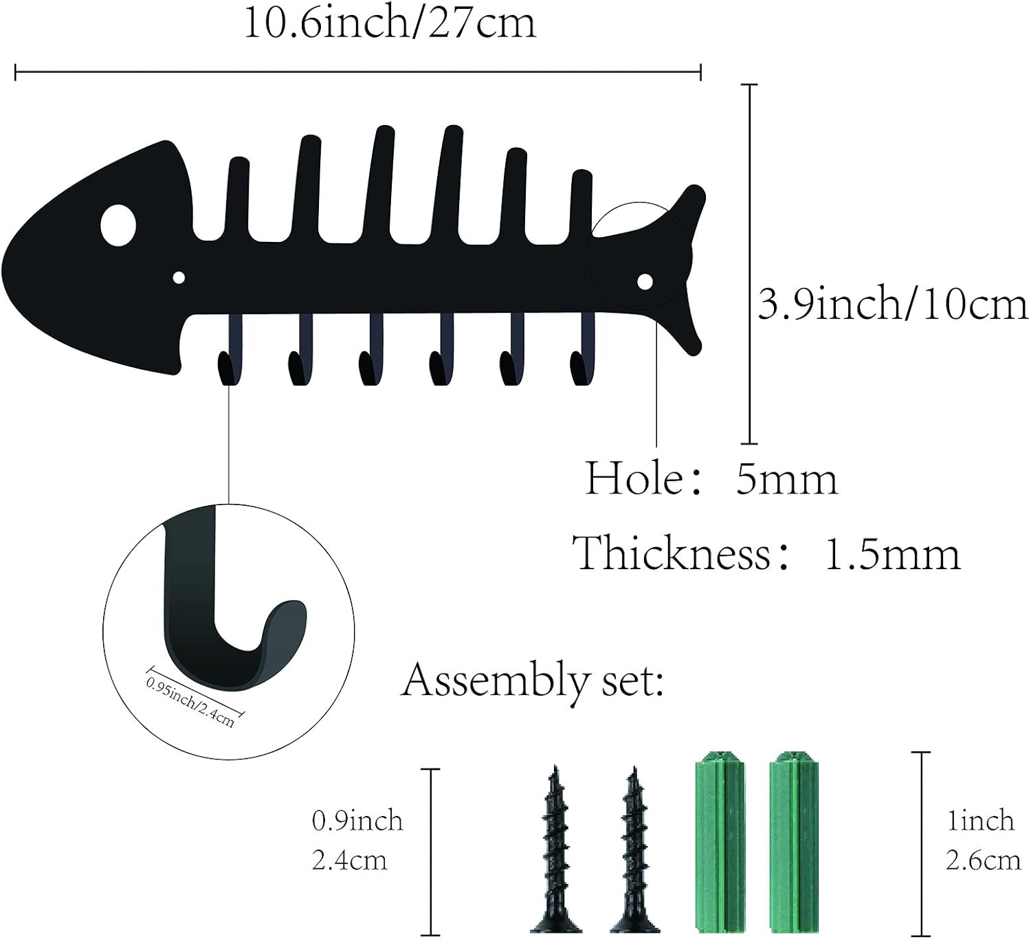 CREATCABIN Fishbone Key Holder Hanger Towel Rack Organizer with 6 Hooks Wall Mounted Decorative for Wall Bathroom Kitchen Entryway Door Including Screws and Anchors 10.6" x 3.9"