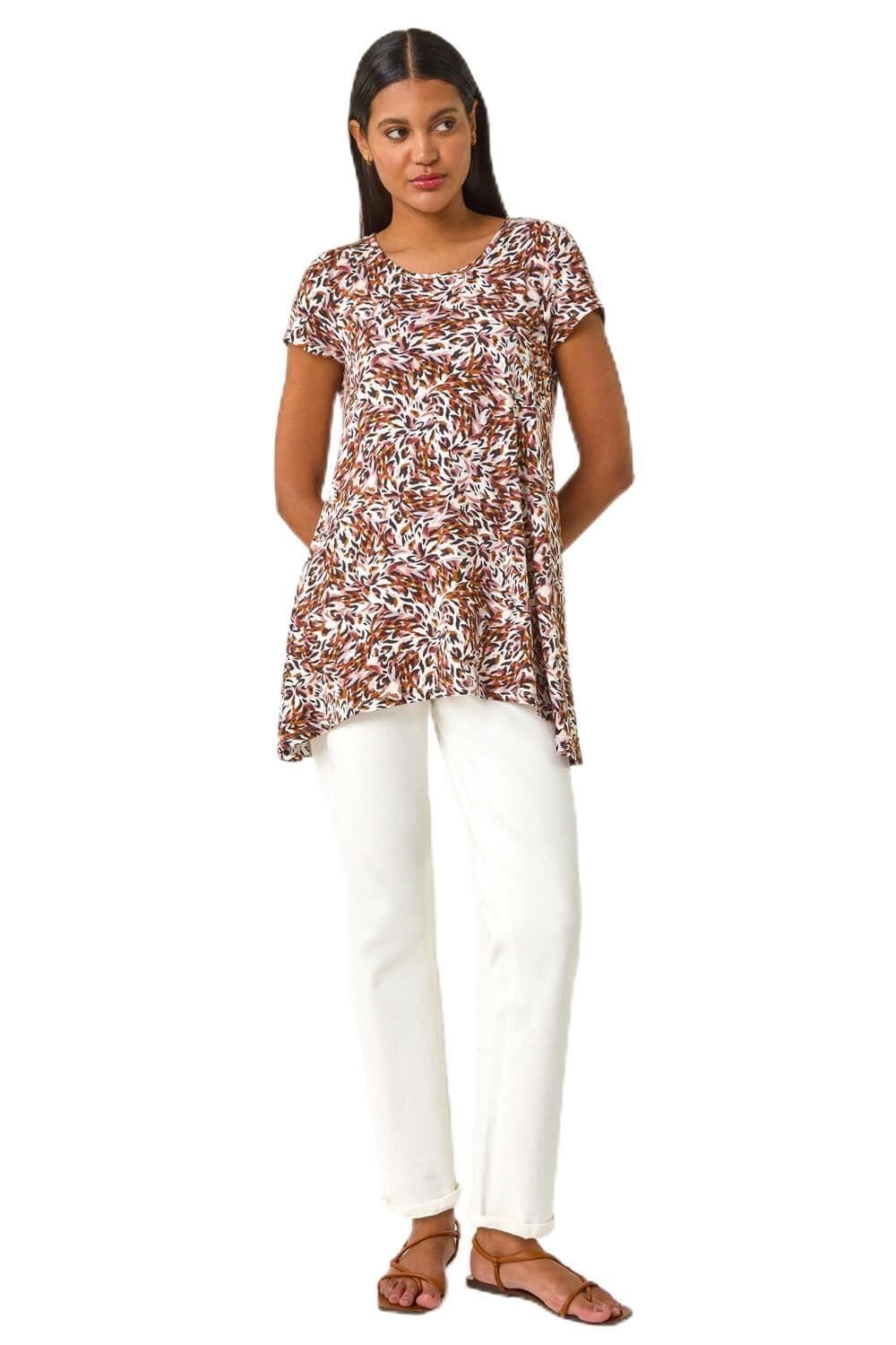 Roman Originals Women's Brown Hanky Hem Tunic Top For Uk - Longline Blouse Asymmetric Hemline Short Sleeves Casual Slouch Loose Summer Spring Relaxed Comfortable - Size 12